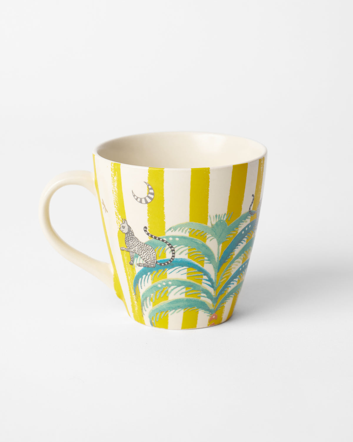 Bagh conical mug with a leopard by a palm on yellow stripes, handle on the left.
