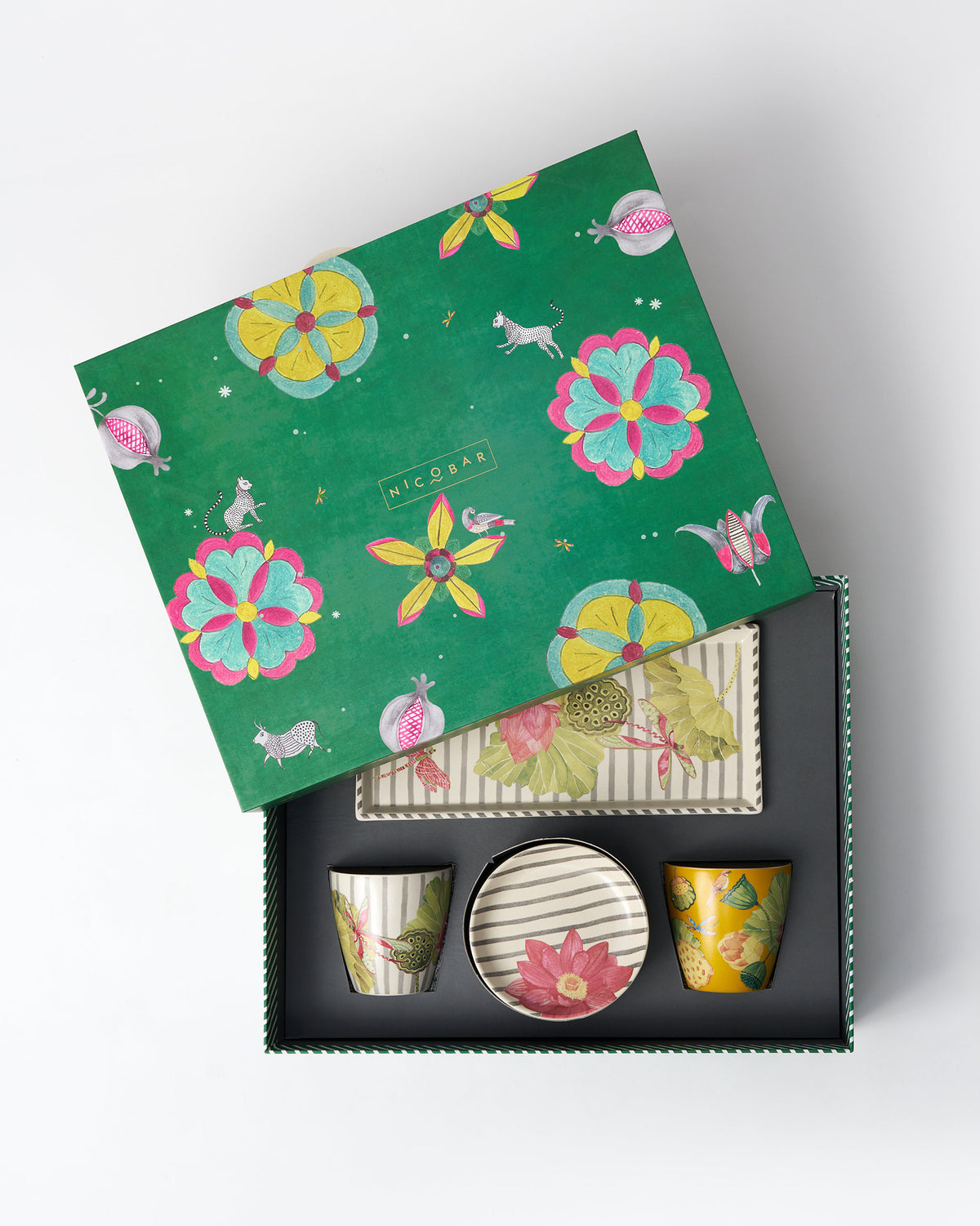 Lotus Garden tea set packed under its green floral gift box lid.