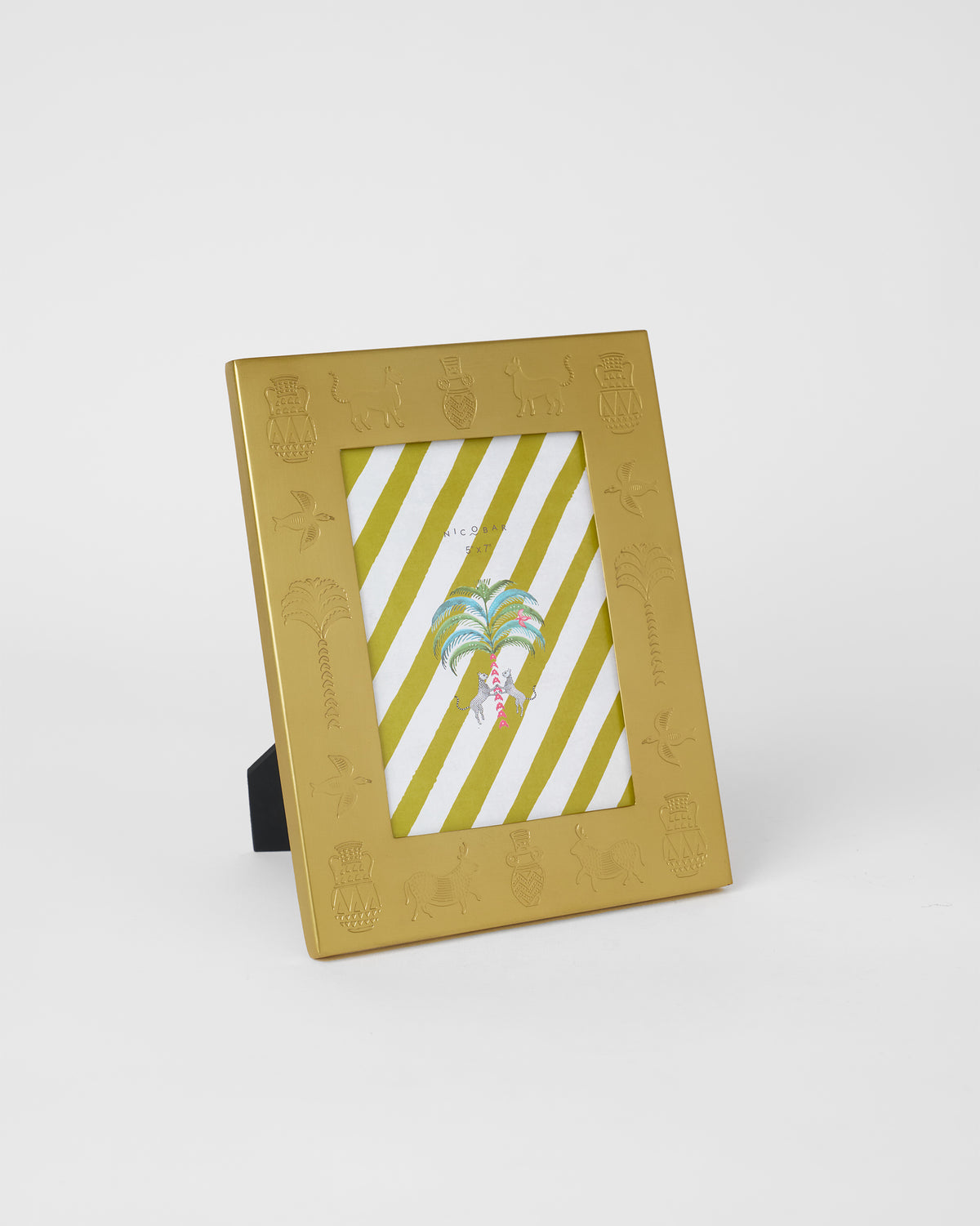 Indus photo frame in matte gold with embossed palms, animals, and urns.