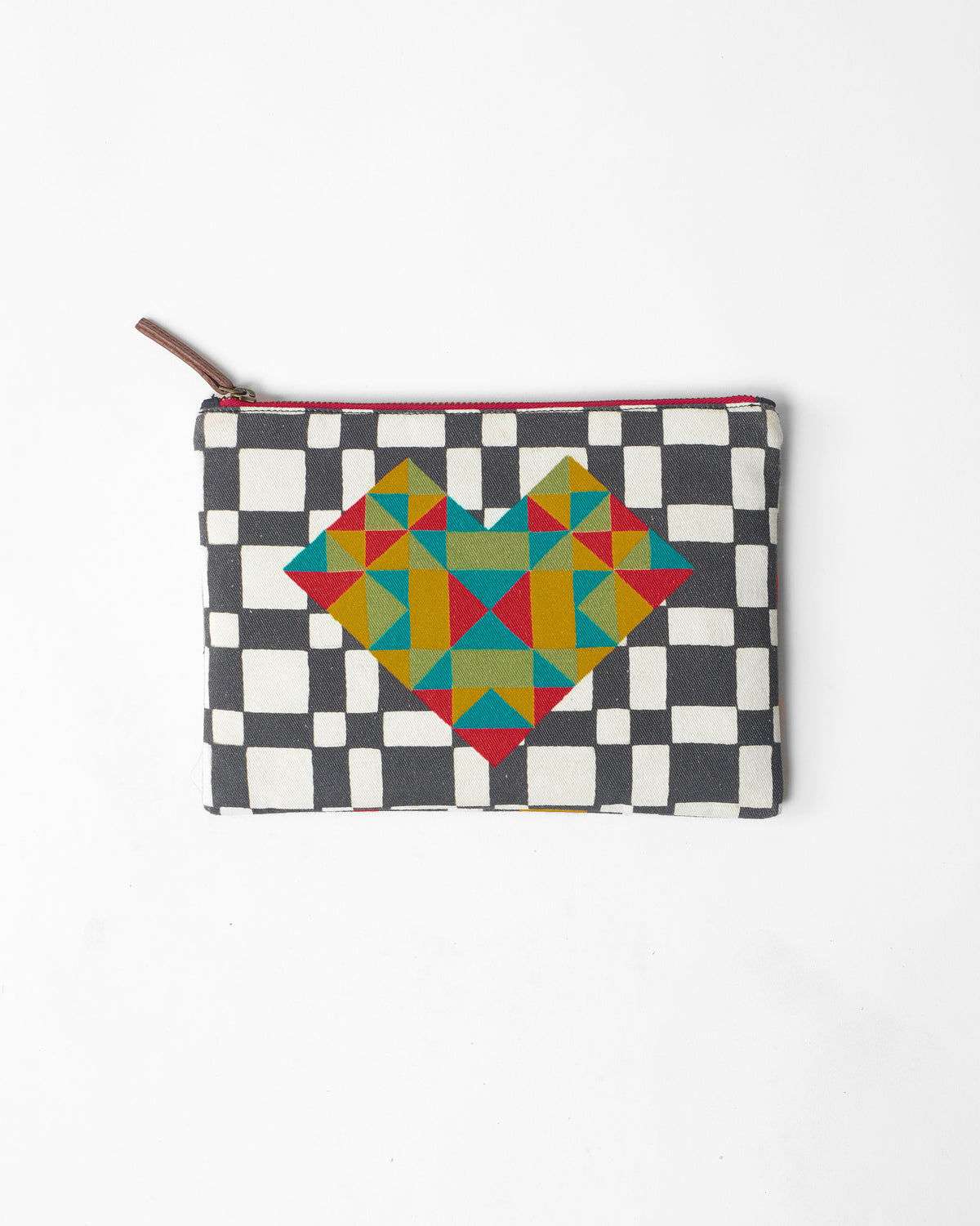 Multicolor Abstract Heart Pouch with a geometric heart on a black-and-white check.