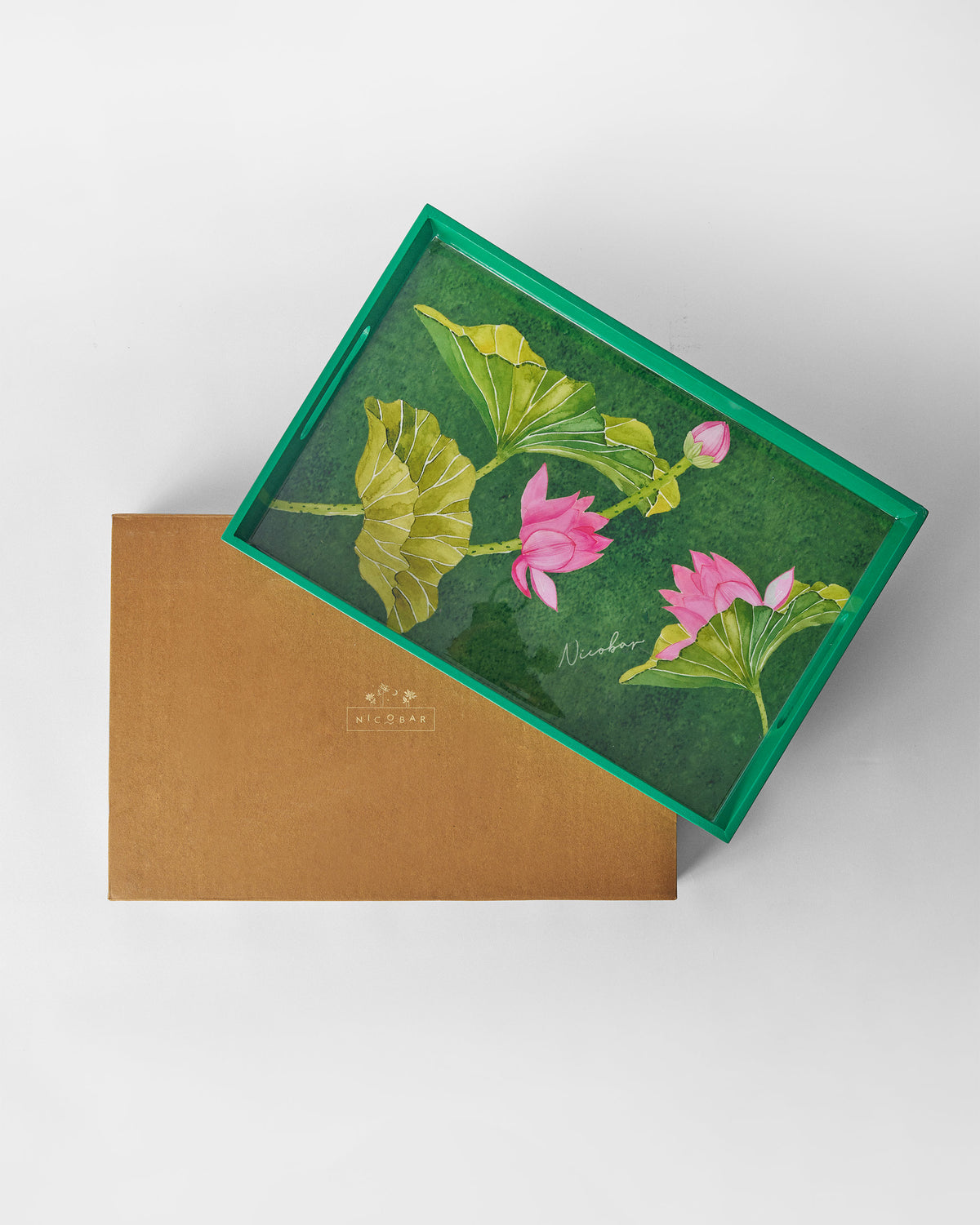 Lotus rectangular tray displayed on its Nicobar gift box.