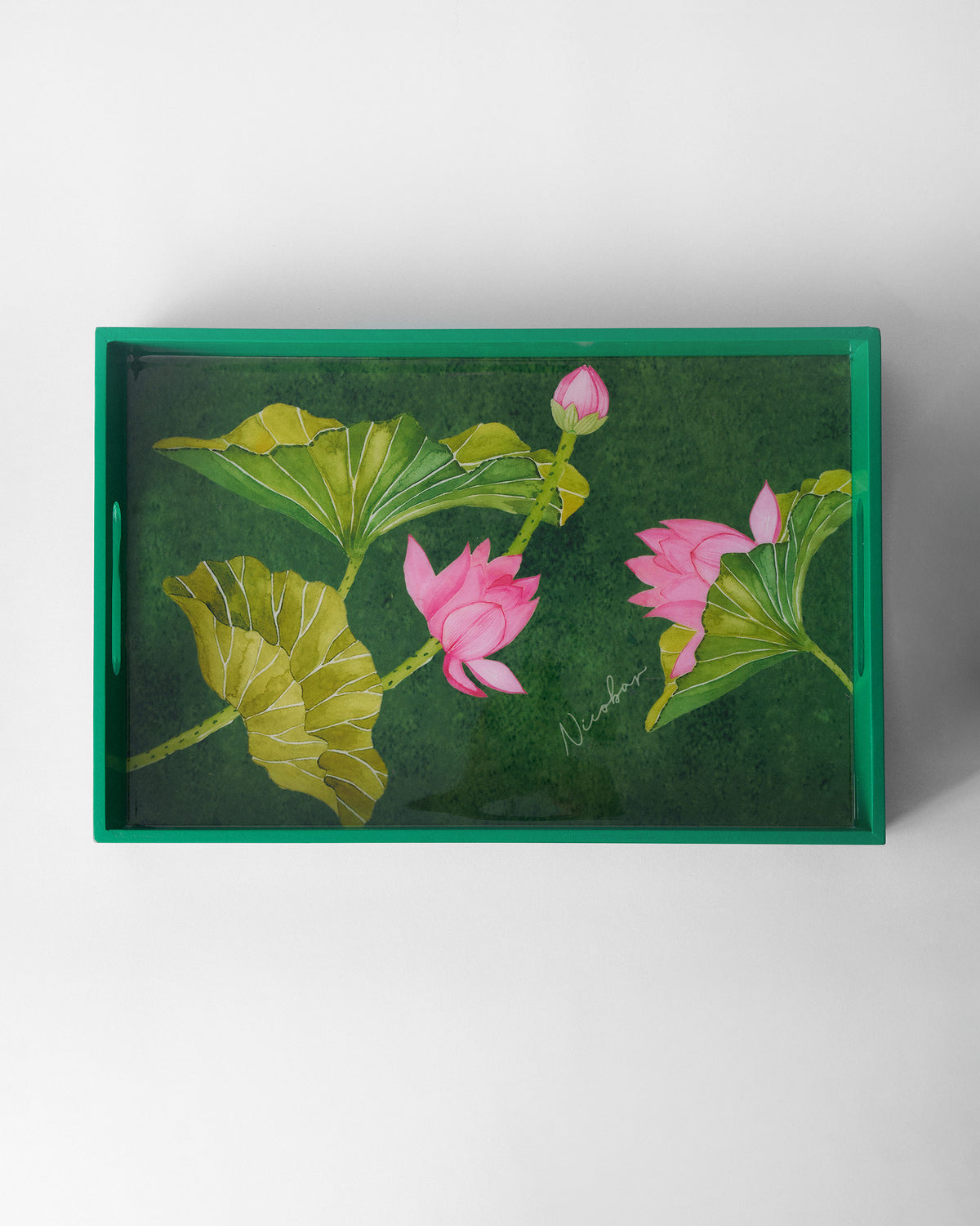 Overhead view of Lotus rectangular tray with pink lotuses and handles.