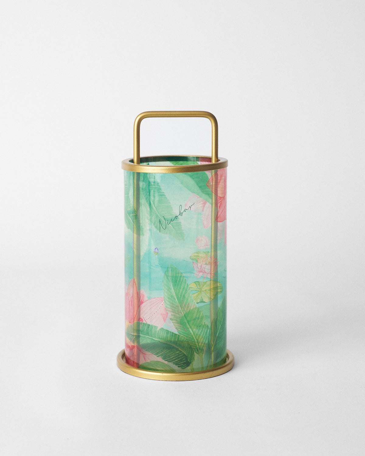 Lotus Pond lantern with a brass handle and pink and green lotus print.