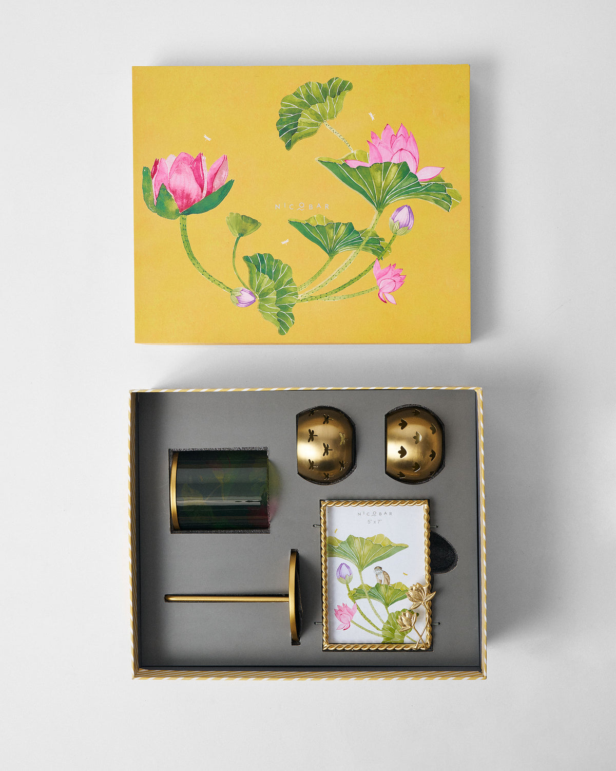 Lotus Grove set packed in a yellow Nicobar box with lotus lid.