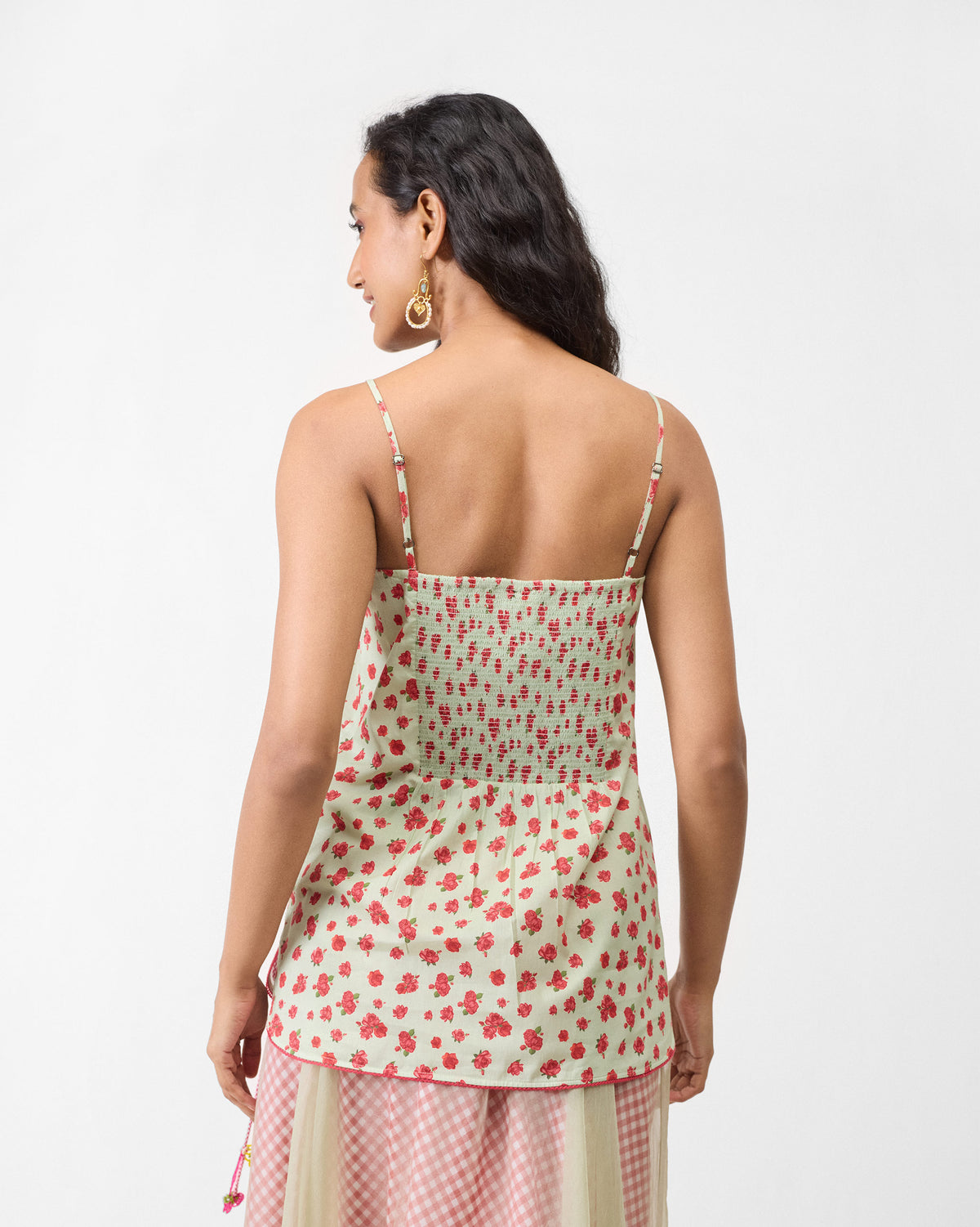 Back of the mint floral slip with a smocked panel from the Jaisalmer set.