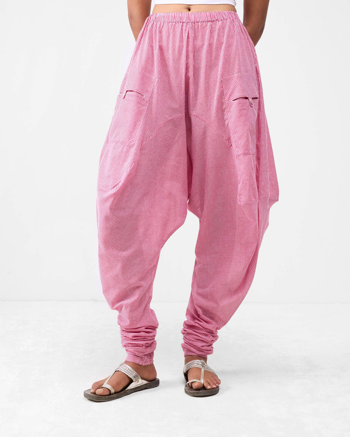 Watermelon and white check Jaisalmer Pants with cargo pockets and gathered ankles.