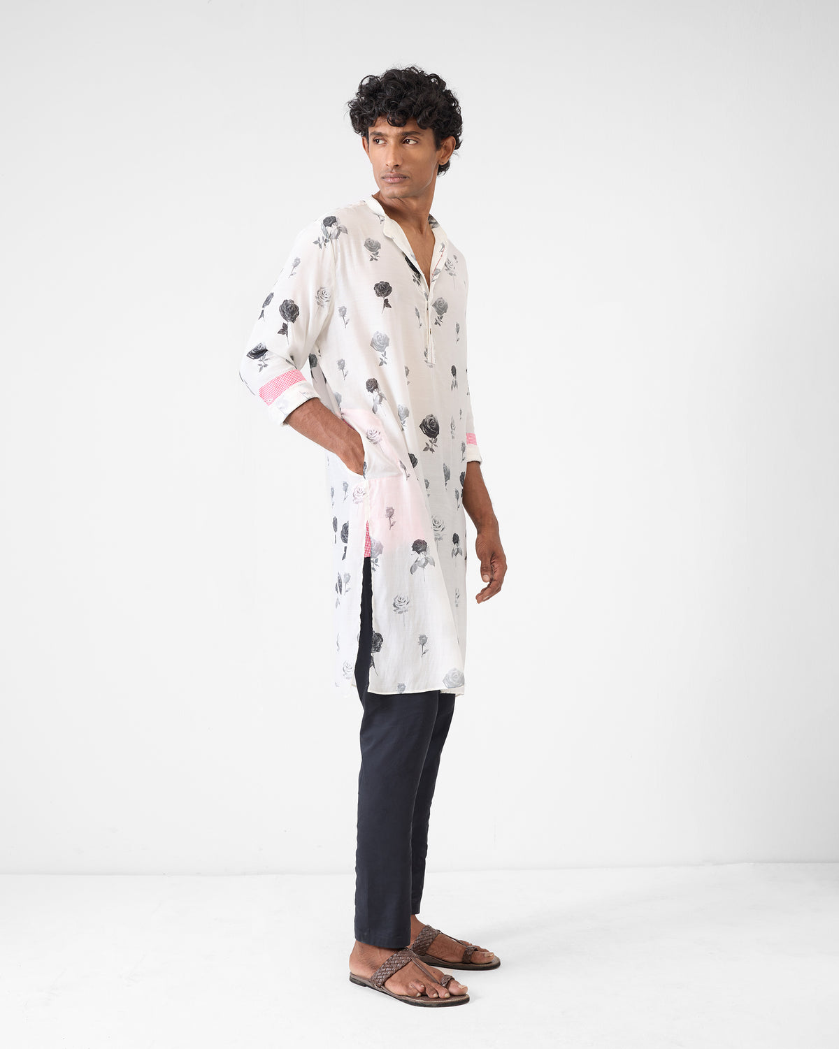 Side view of a light grey Astral kurta with rose print.