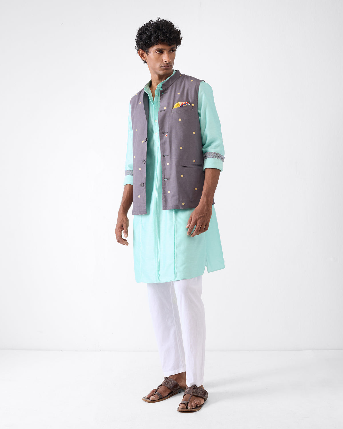 Person wearing an aqua Naaz kurta under a charcoal Nehru jacket.