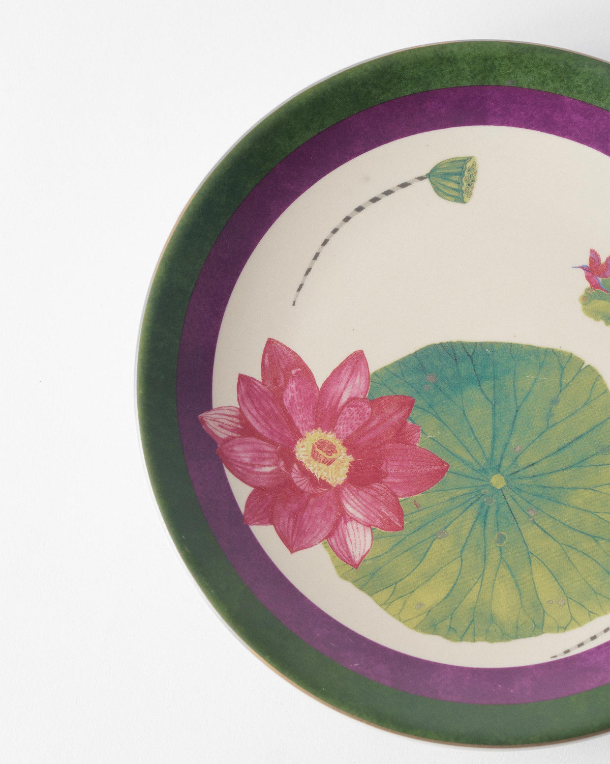Close-up of Lotus Garden Quarter Plate showing the pink lotus and leaf.