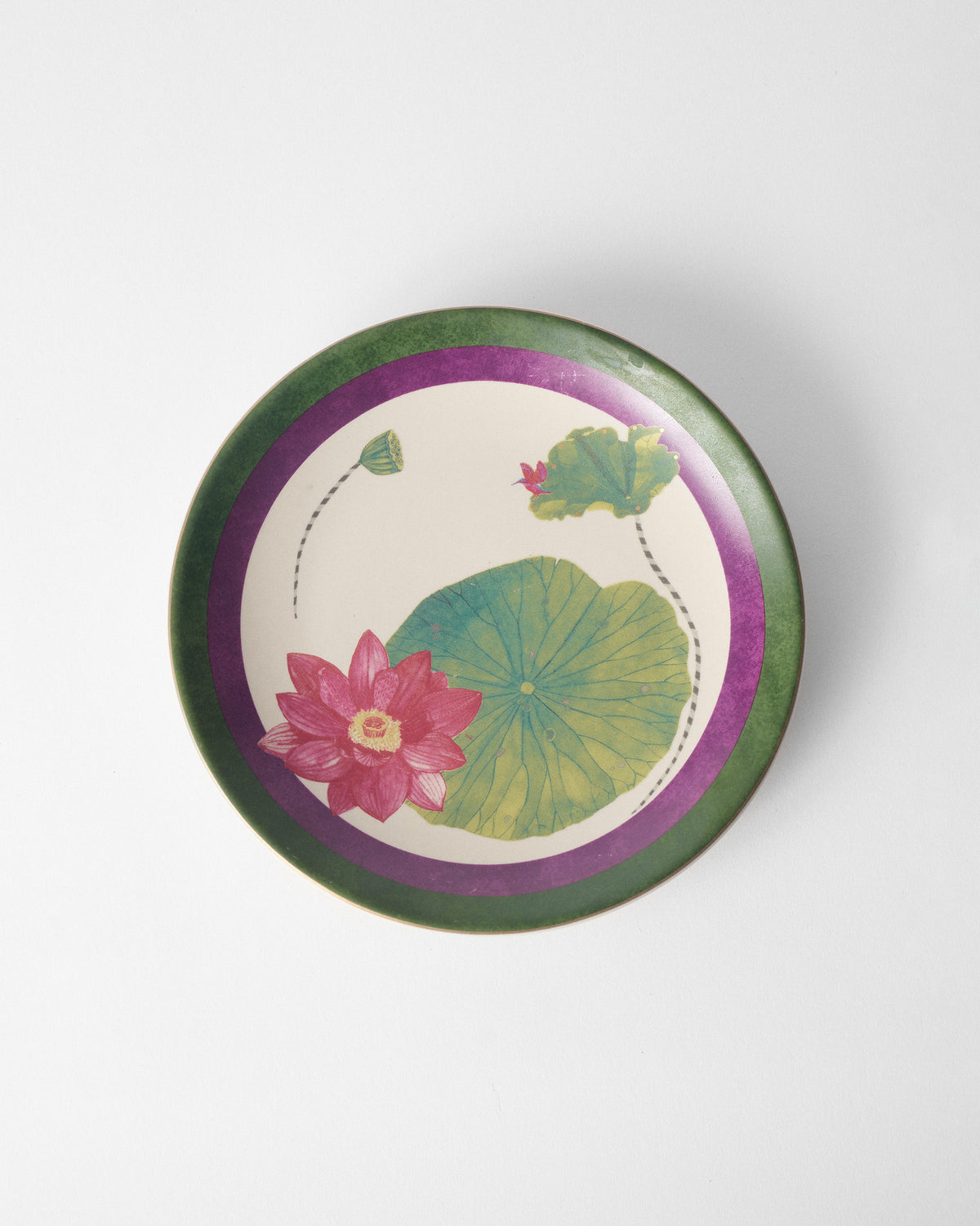 Overhead view of Lotus Garden Quarter Plate with a pink lotus and lotus leaf.