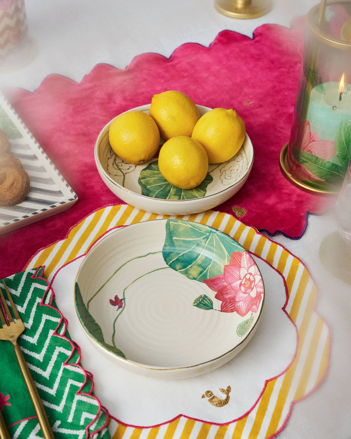 Lotus Garden shallow bowls on a table, one holding lemons.