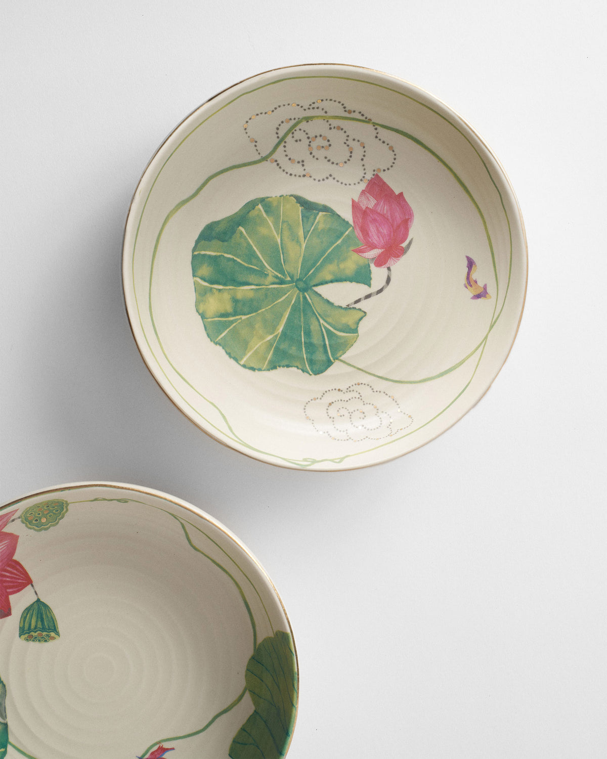 Lotus Garden shallow bowl with a green lily pad and pink lotus.