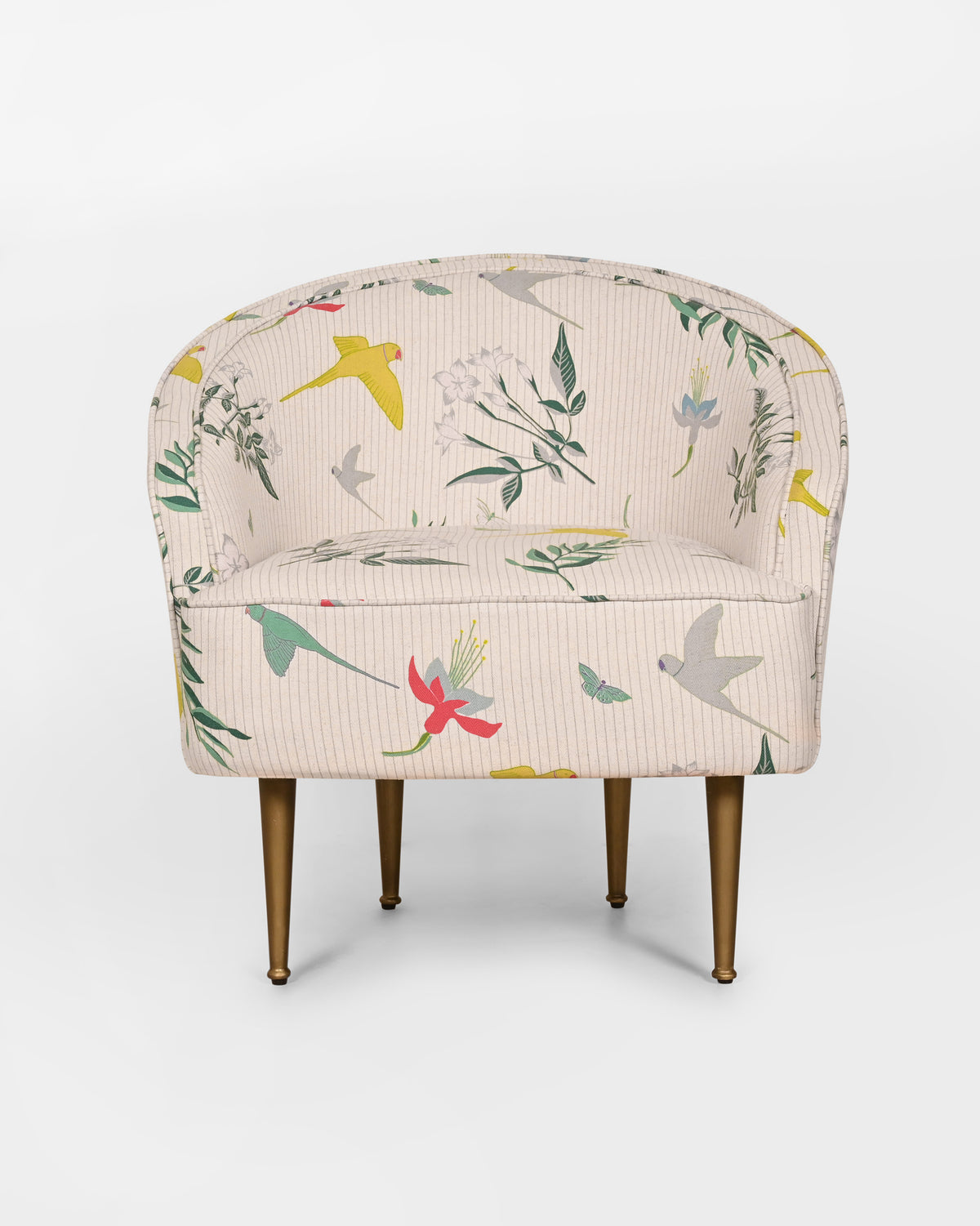 Canopy Chair with birds and flowers printed on cream upholstery.