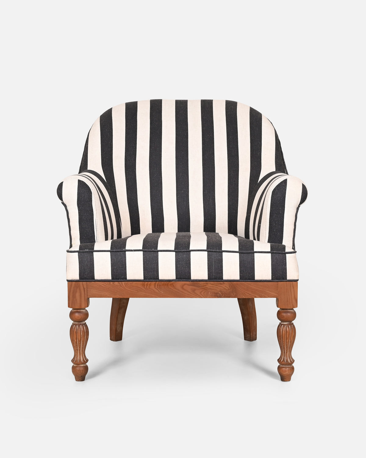 Front of Cove Arm Chair in black and cream stripes with turned wooden legs.