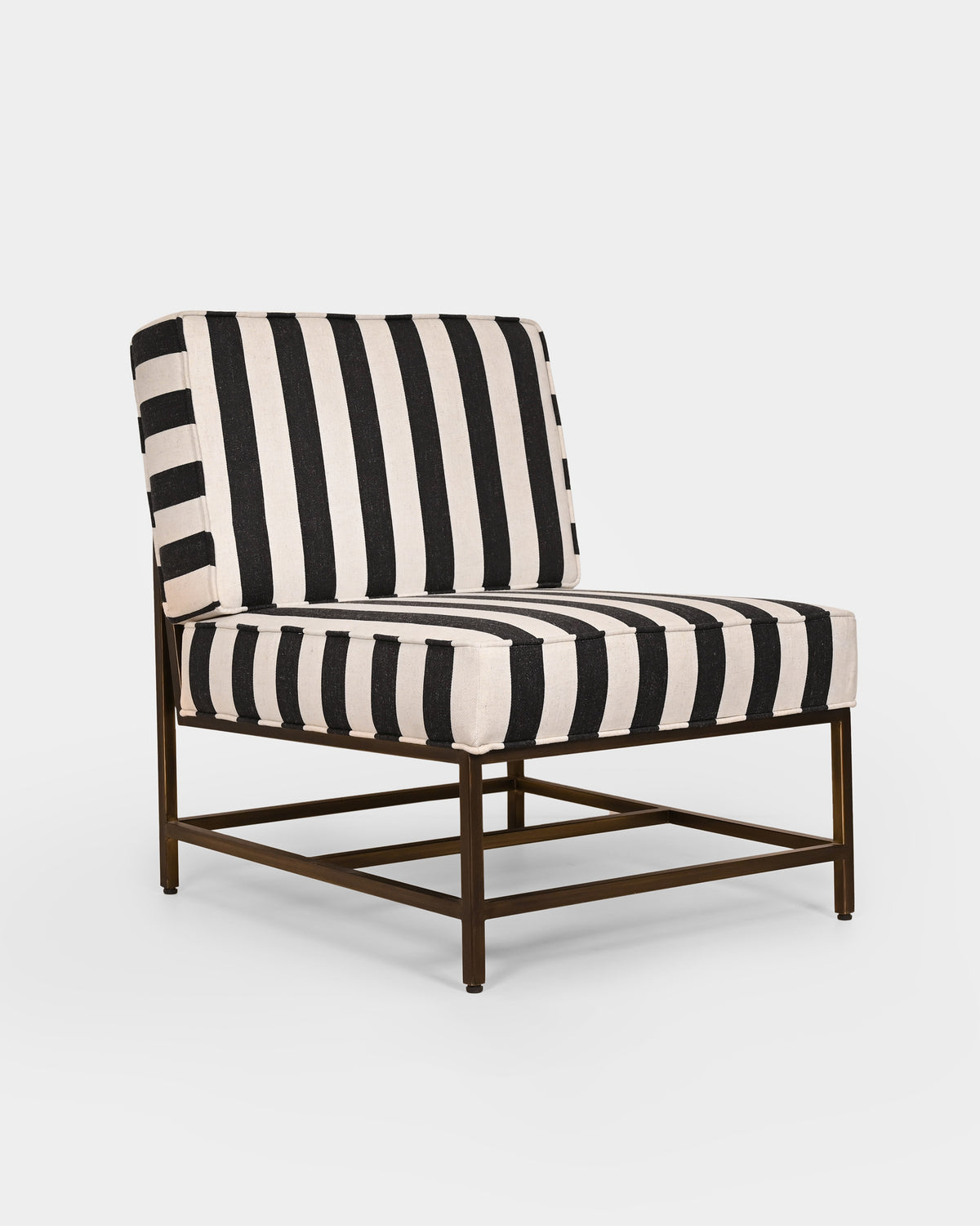 Angled view of Isle Chair with black and cream striped upholstery.