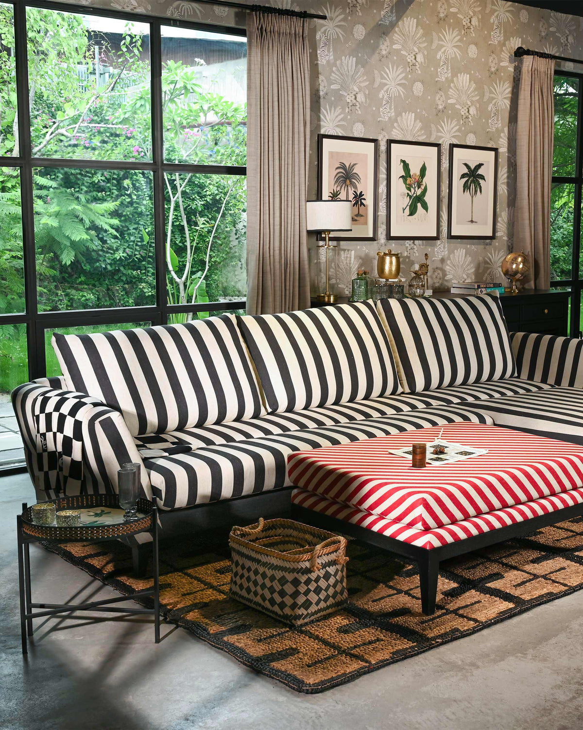 Charcoal striped Ele Grove sofa styled in a bright living room setting.