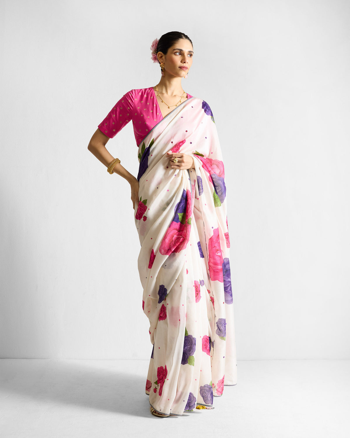 Full-length view of fuchsia Ira Blouse worn by a person.