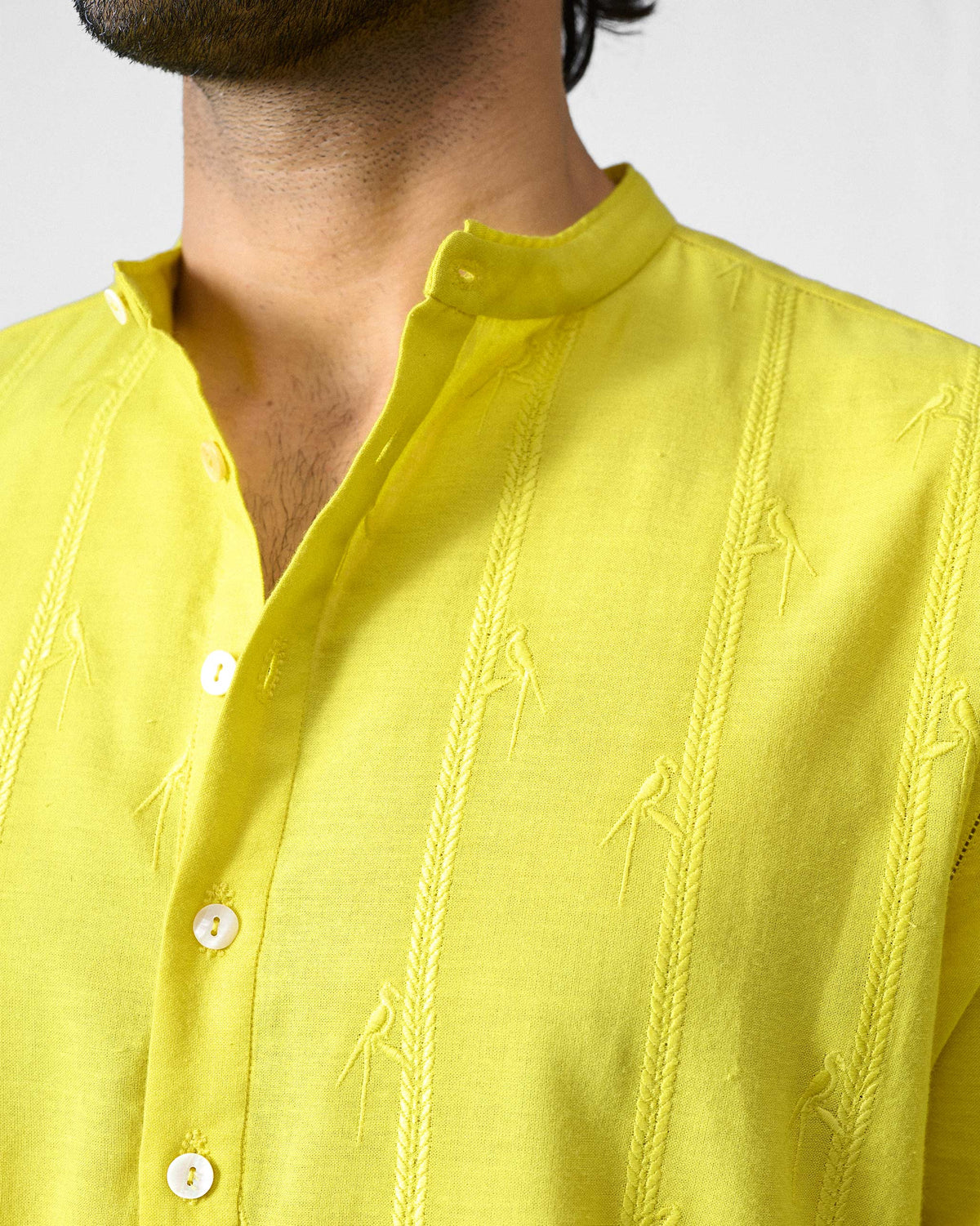 Close-up of a chartreuse Ibn Kurta showing tonal bird embroidery and vertical stripes.