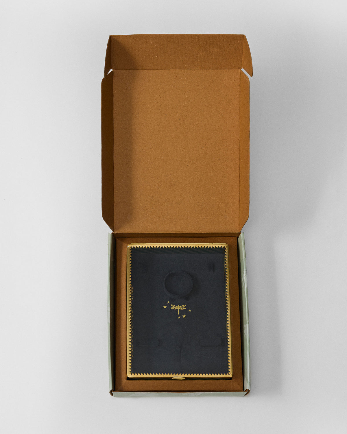 Trove jewellery box nestled in open packaging showing a gold dragonfly.