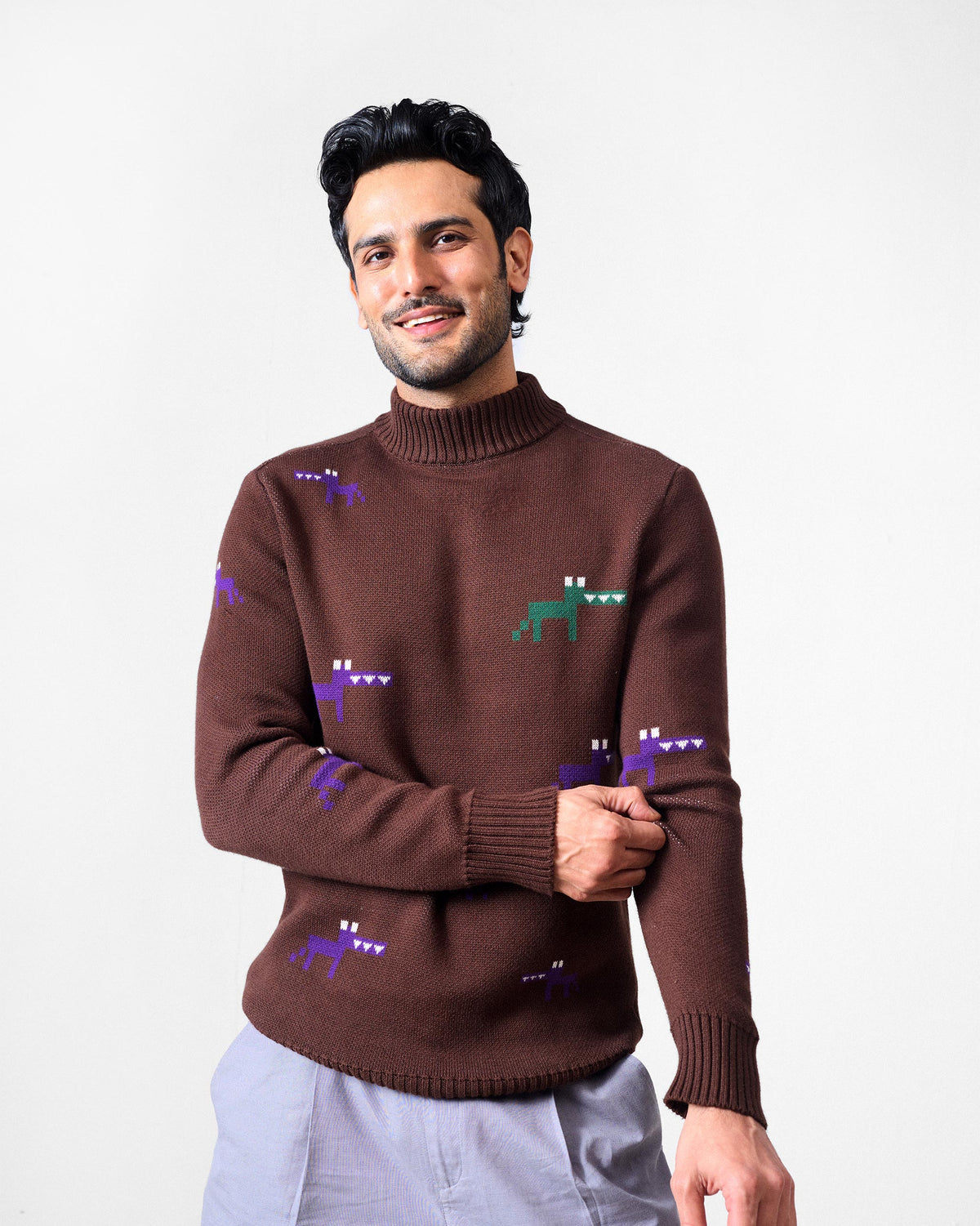 Person wearing a brown turtleneck sweater with pixel animal motifs.