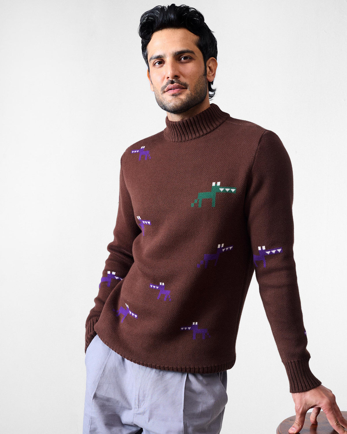 Brown crew neck sweater showing green and purple pixel animal motifs.