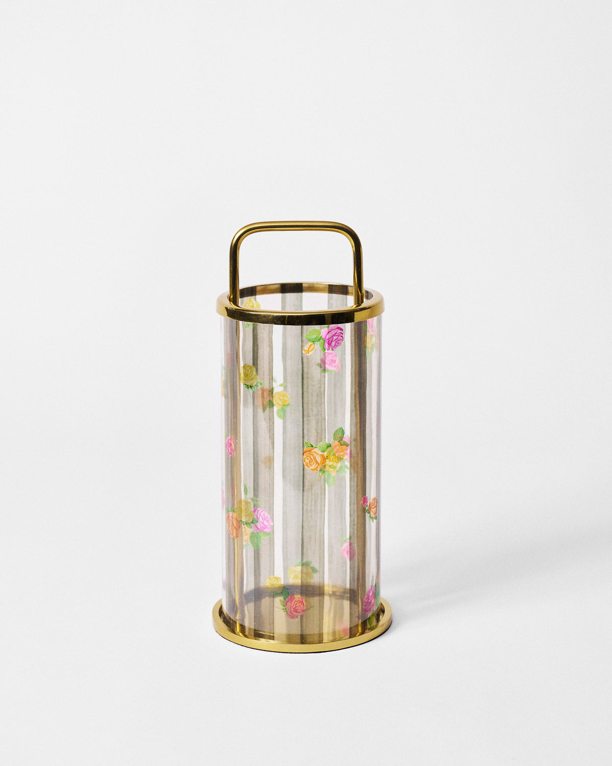 Striped Roses lantern with a gold frame and rose print panels.