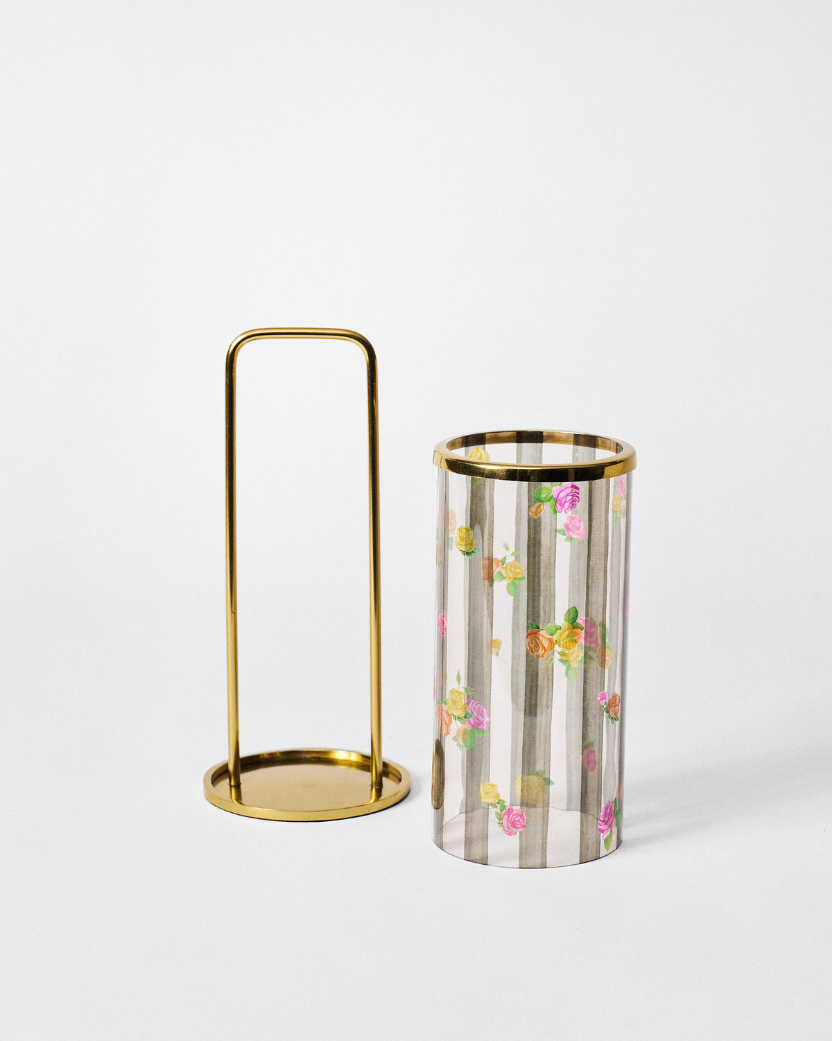 Gold frame and rose-print glass sleeve of the Striped Roses lantern, shown separately.