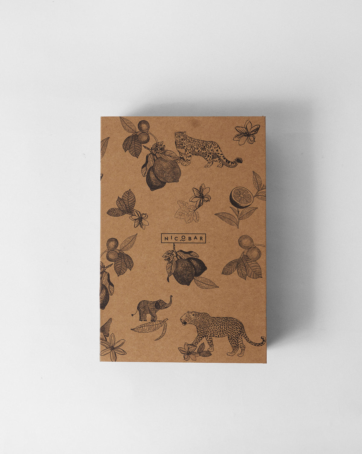 Closed kraft gift box printed with leopards and fruit for Chand Ambi Oil Pourer & Servers Set.