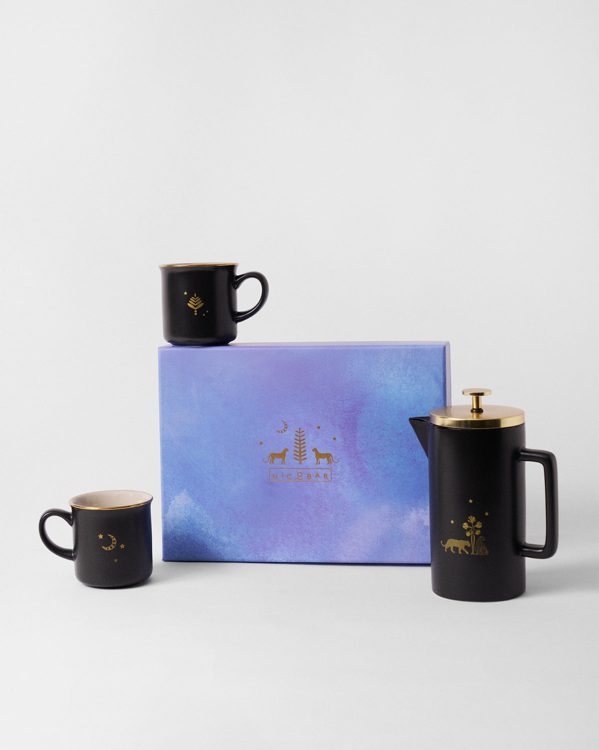 Sindhuraa filter coffee set with charcoal press, gold-rim mugs and gift box.