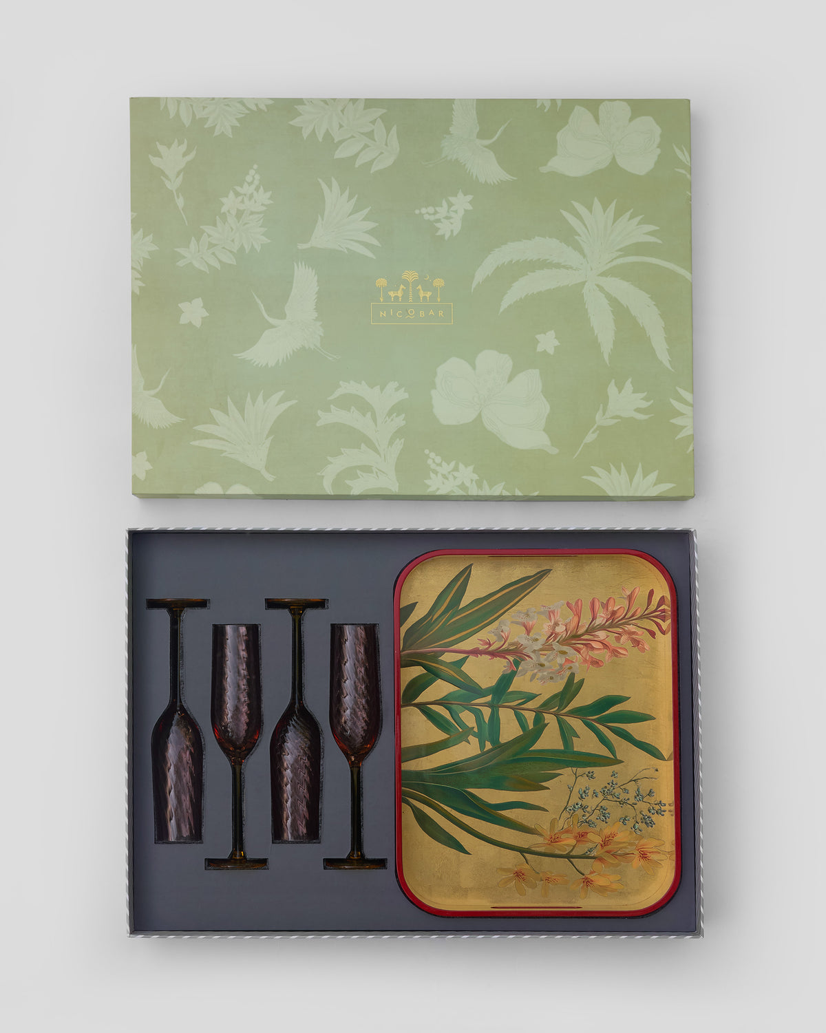 Botanical Barware Set nestled in its open gift box.