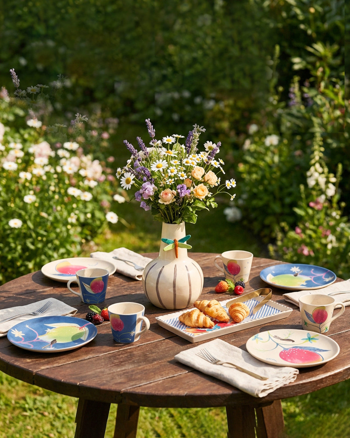 Ambi Espresso Mugs with mango prints set on an outdoor brunch table.