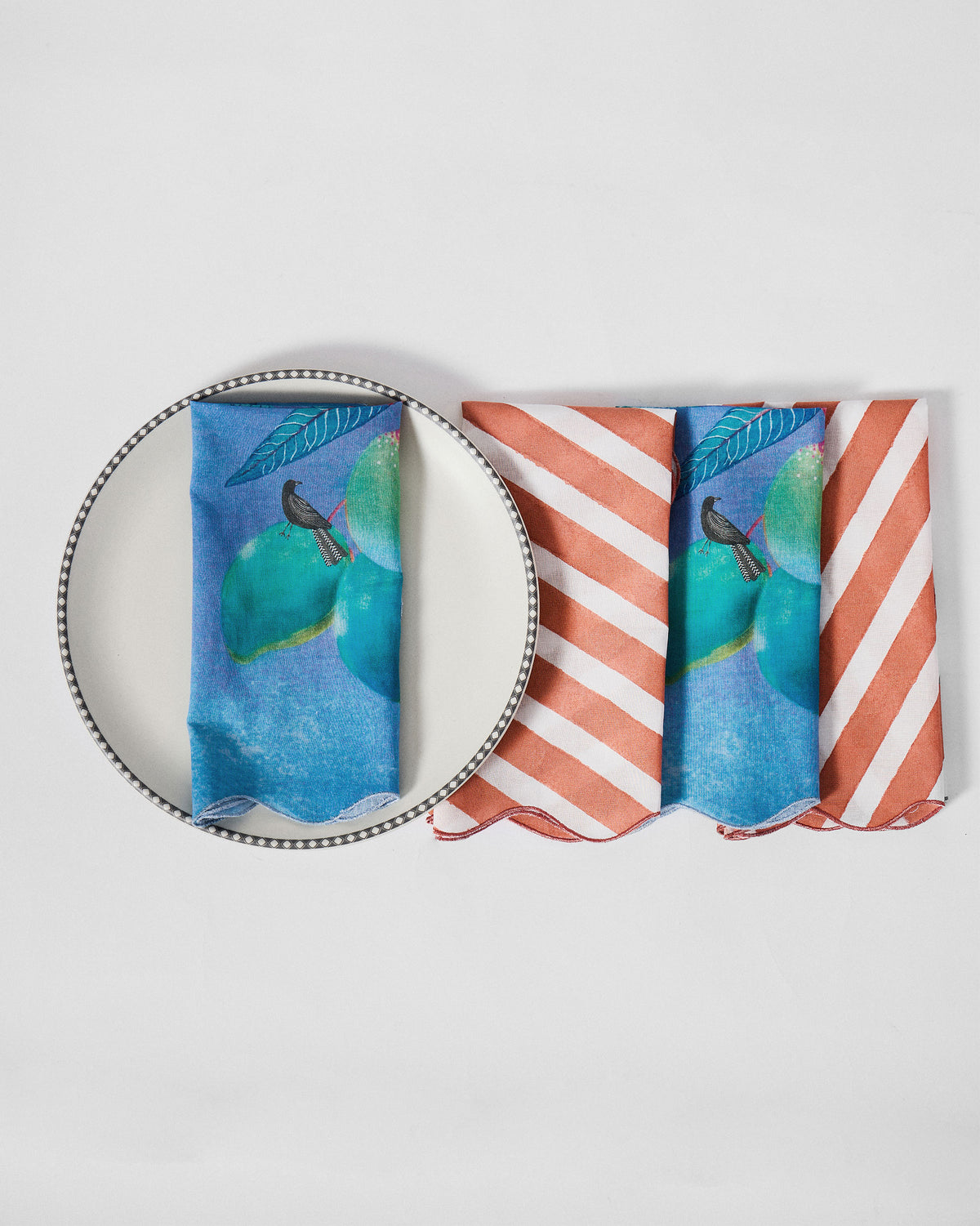 Ambi Dining Napkin on a plate, with a blue fruit and bird print.