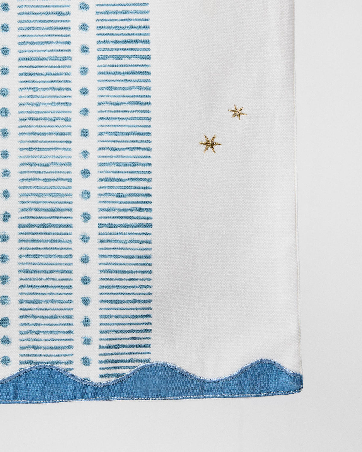 Close-up of Ambi runner blue stripes, gold stars, and scalloped blue edge.
