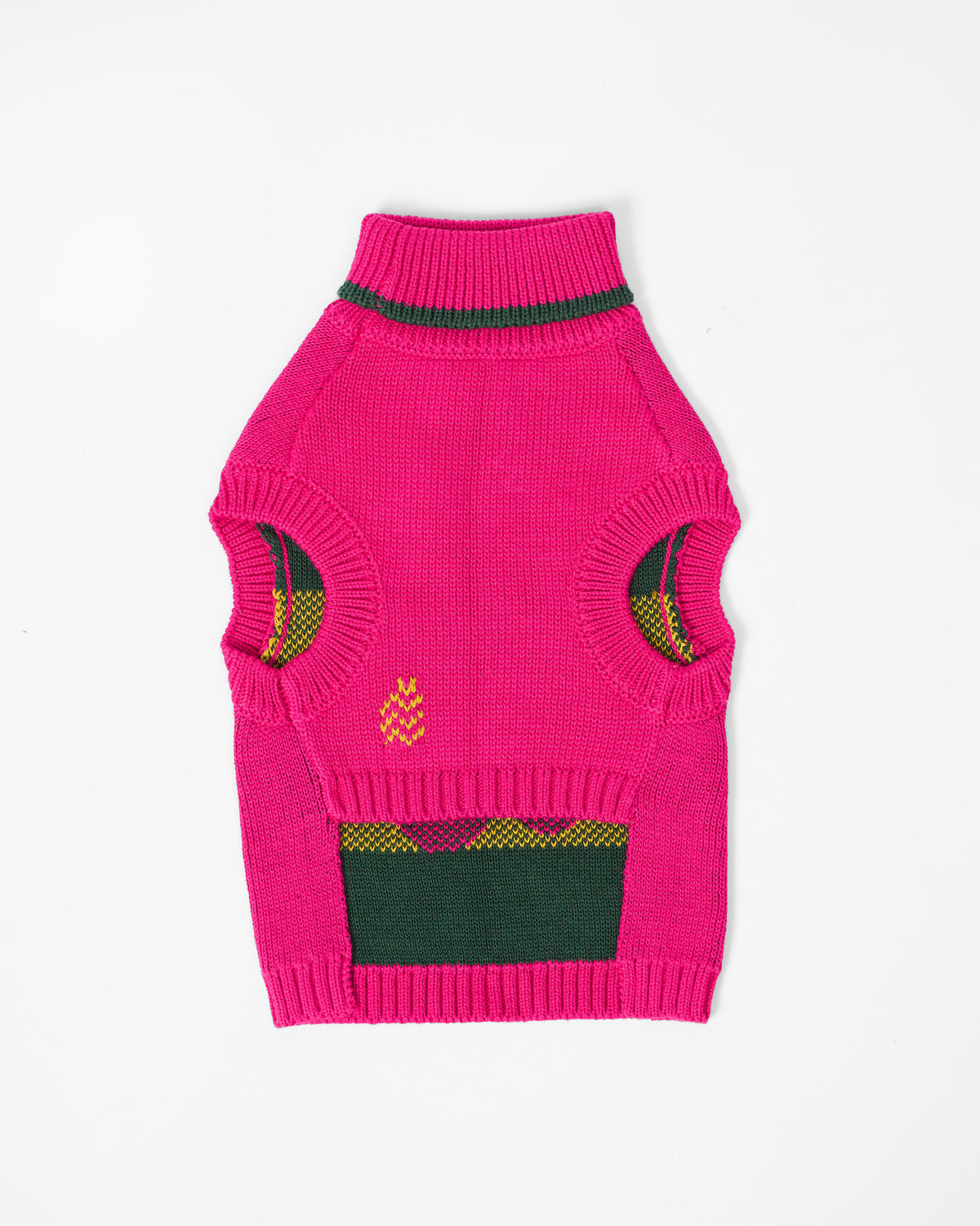 Fuchsia Bark Bloom dog sweater laid flat showing green colour blocks.