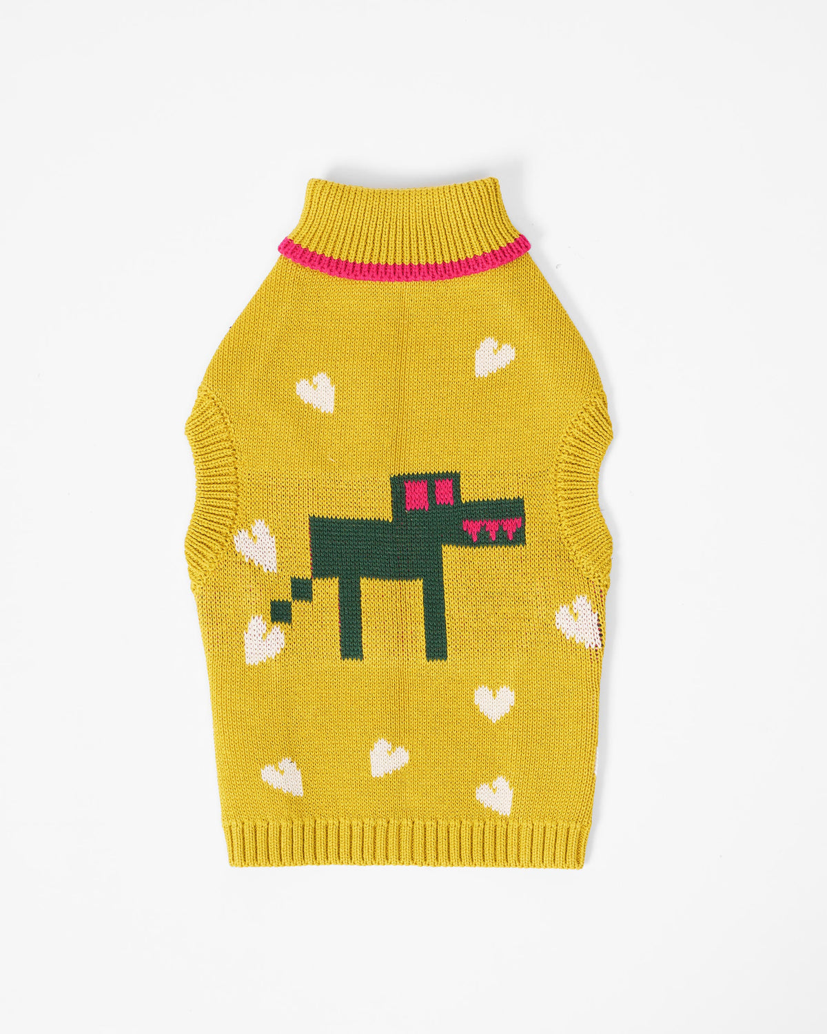 Chartreuse Jurassic Bark dog sweater laid flat with a green dino and hearts.
