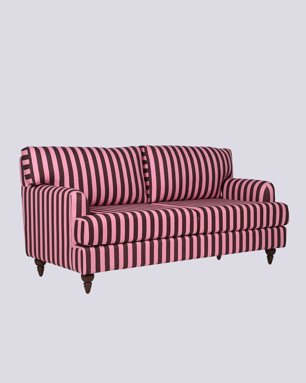 Side view of the Reef Sofa in pink and brown stripes.