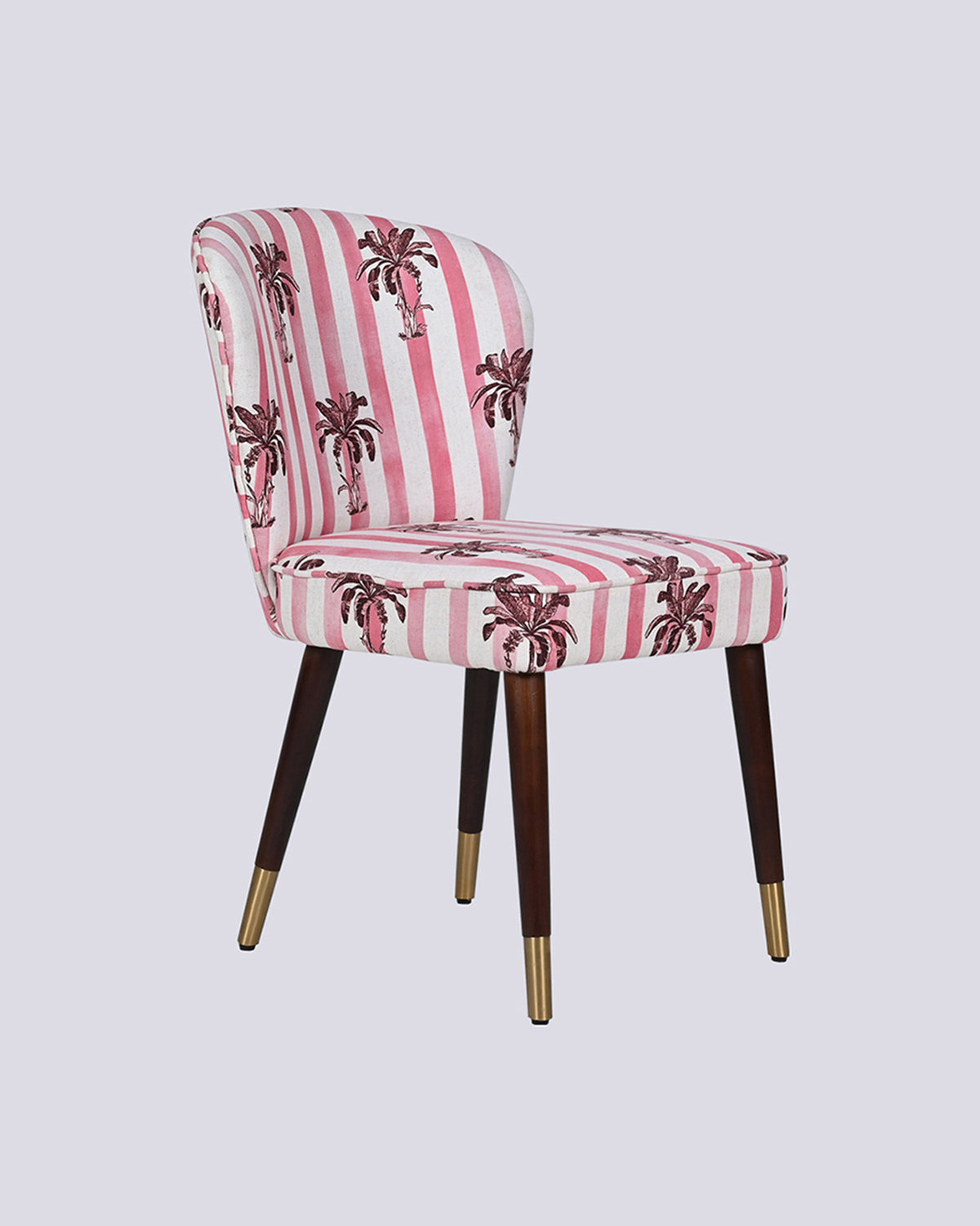 Pink and white striped Ripple chair with maroon palm print and gold-tipped legs.