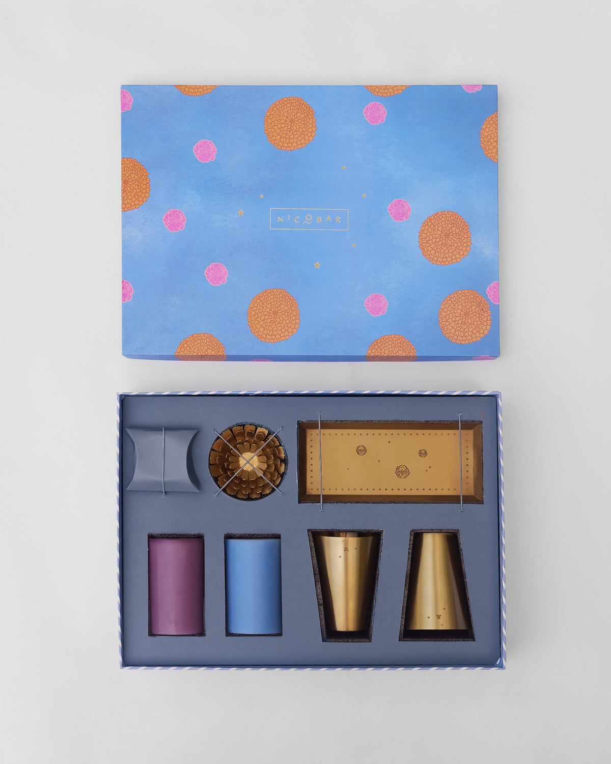Open Marigold gift box with tray, lotus bowl, candles and tumblers.
