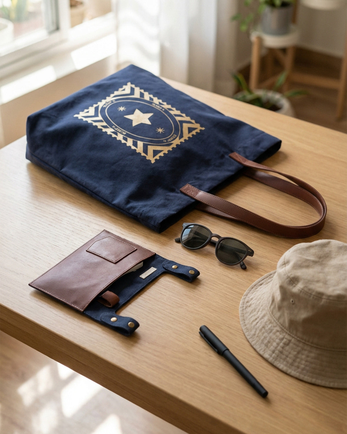 Navy Mukayu City tote with a gold star stamp and leather organizer pouch.