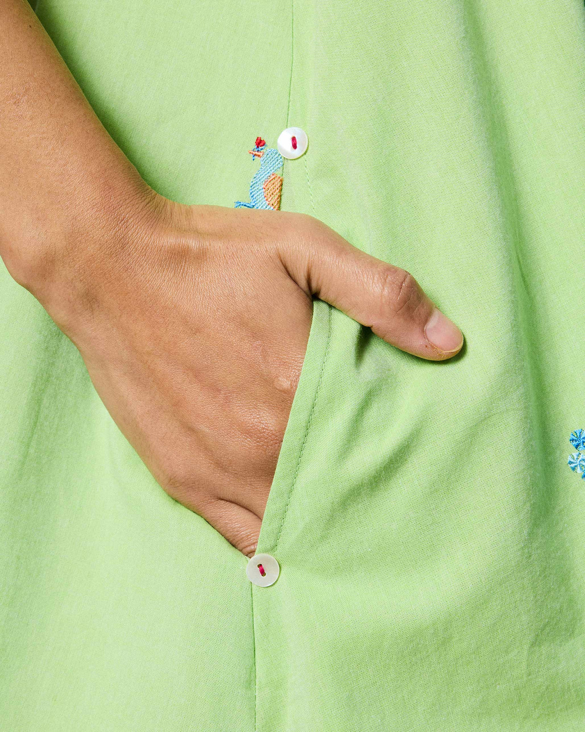 Close-up of the Ezra Dress pocket with a small embroidered motif and a white button.