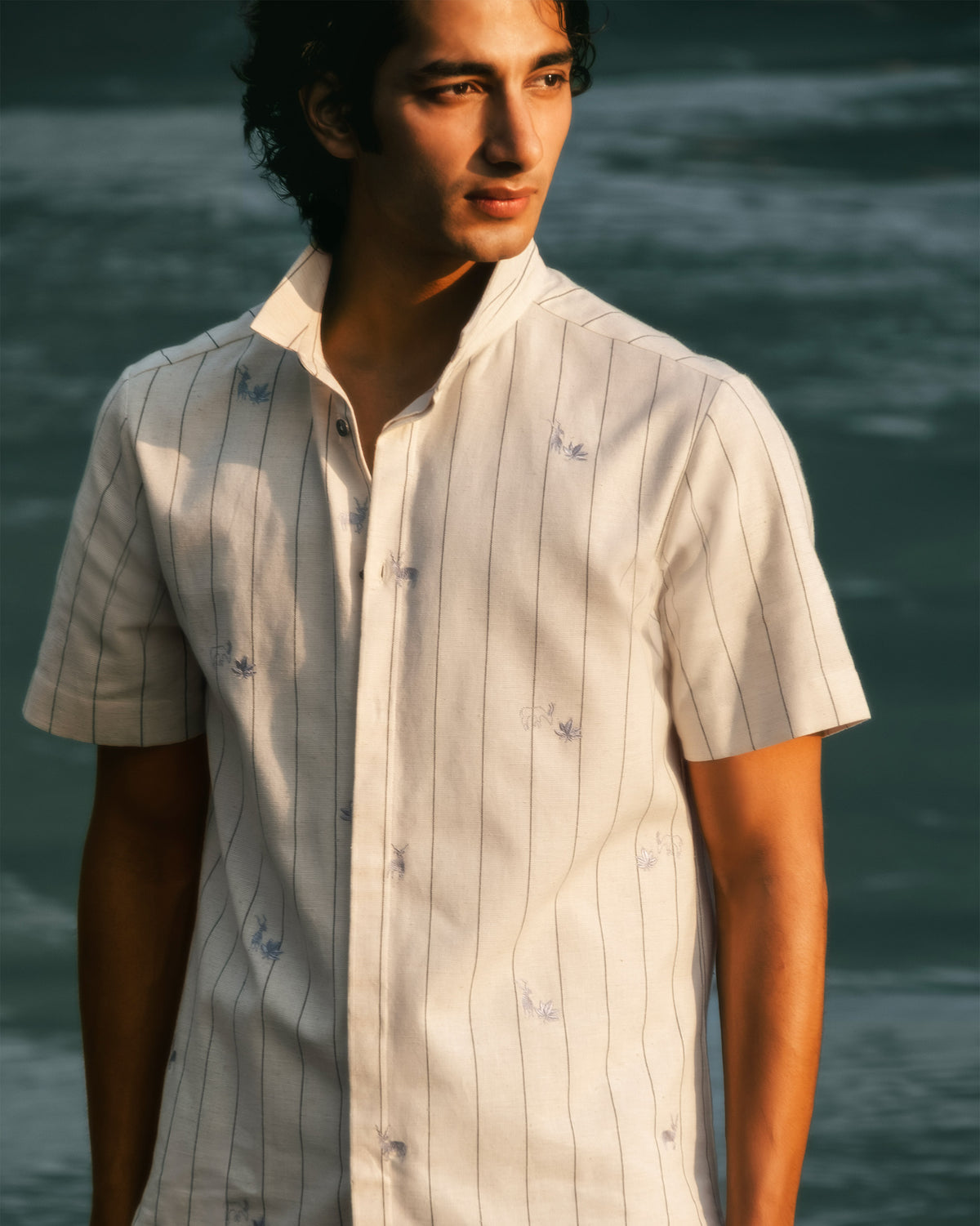Person wearing an ivory Riverine Shirt with charcoal stripes and embroidered animals.