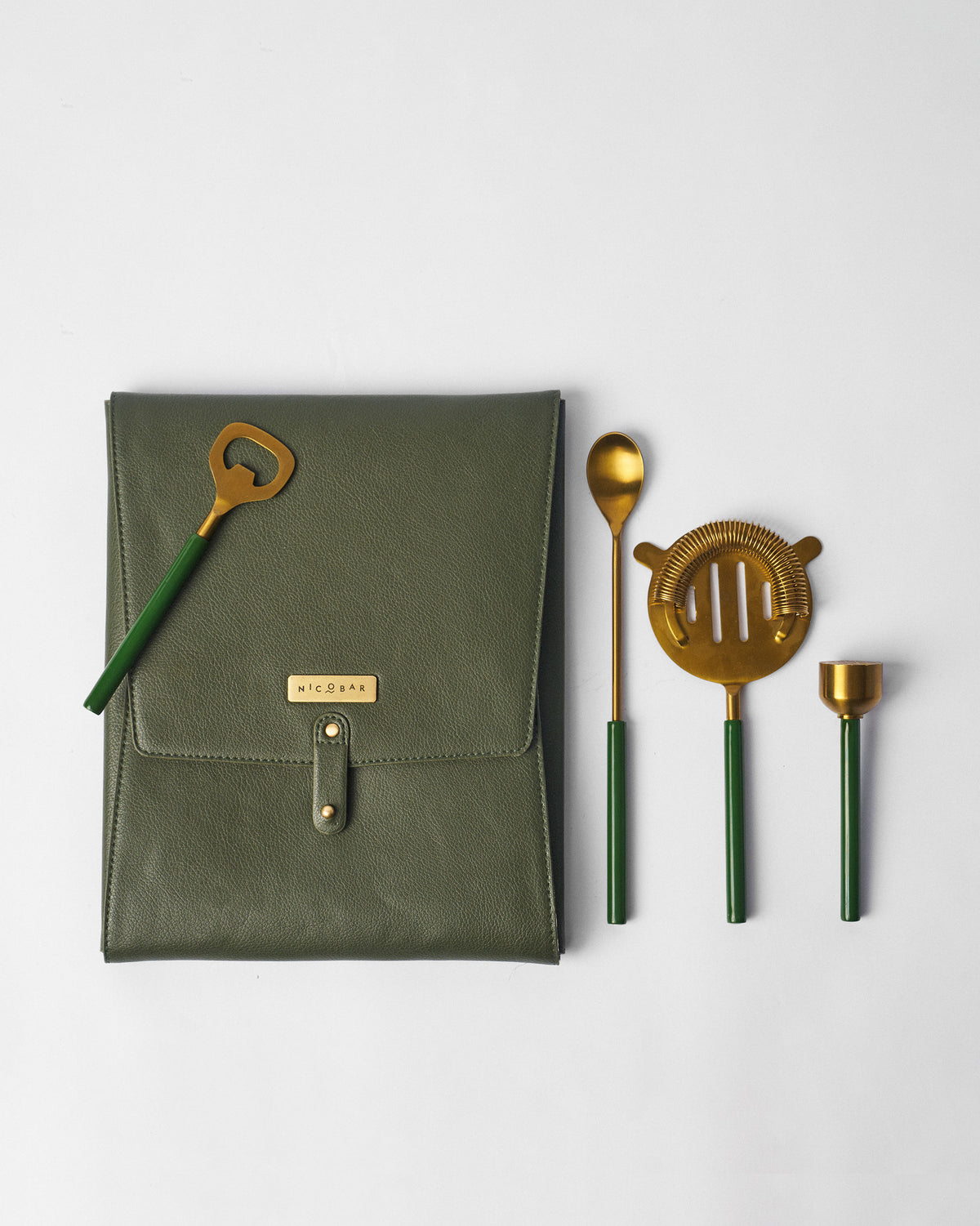 Bash bar tools set with an olive pouch and gold-toned tools with green handles.