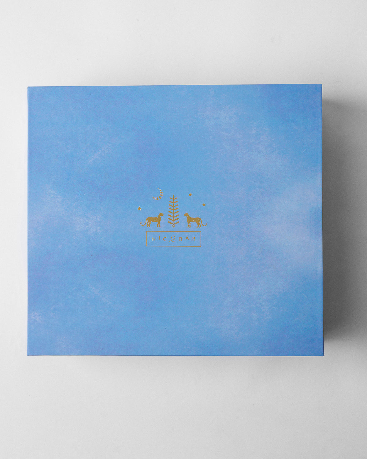 Light blue Explorer gift box lid with a gold Nicobar emblem.