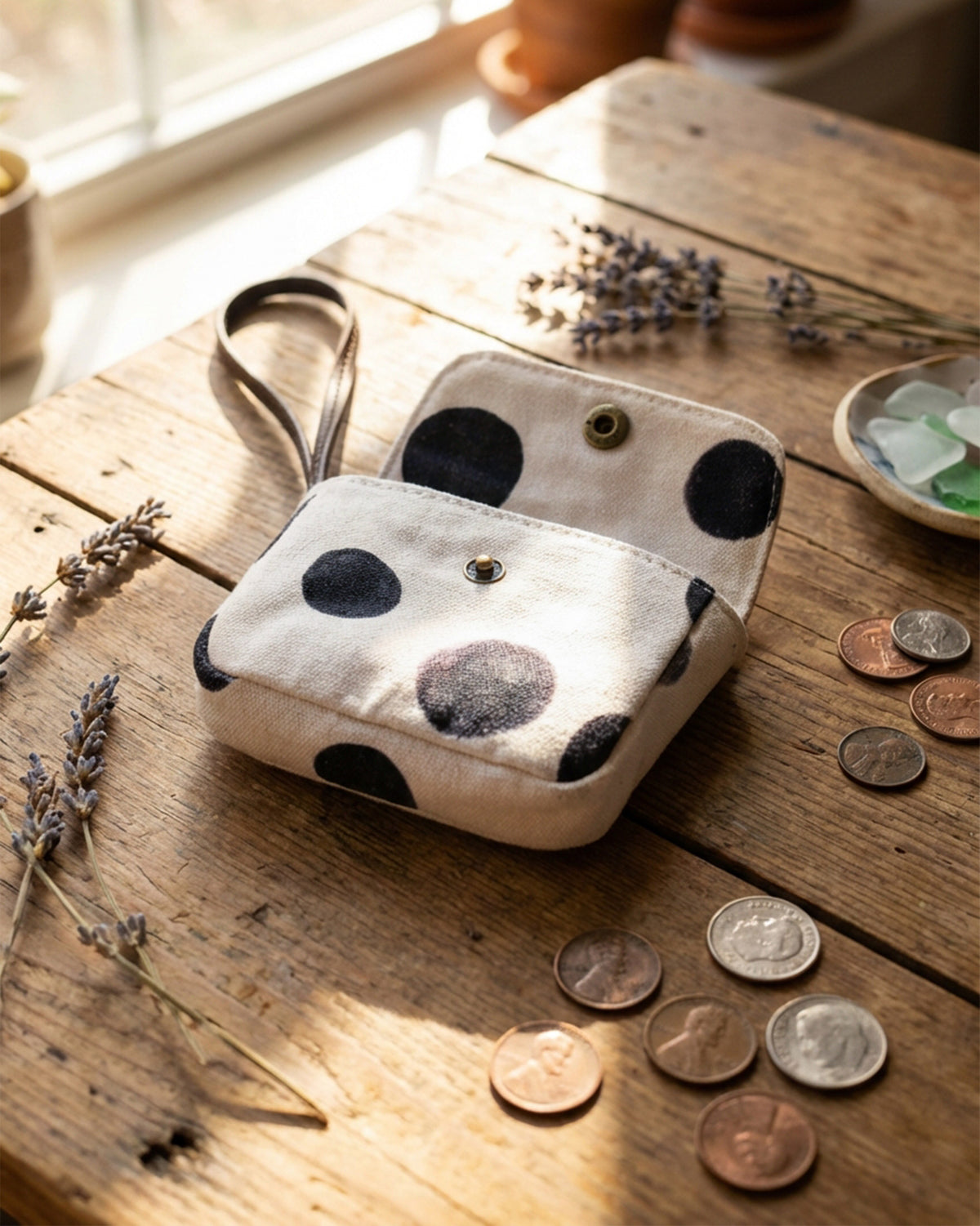 Open ivory Polka Coin Pouch with charcoal dots and a leather wrist strap beside coins.