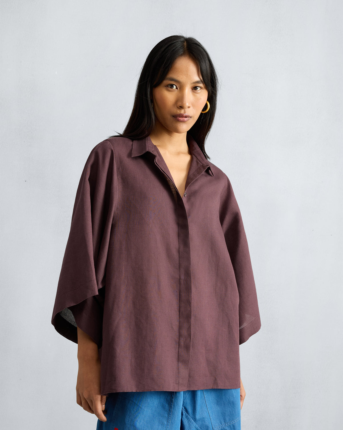 Chocolate plum Drop Armhole Shirt with a pointed collar and boxy fit.