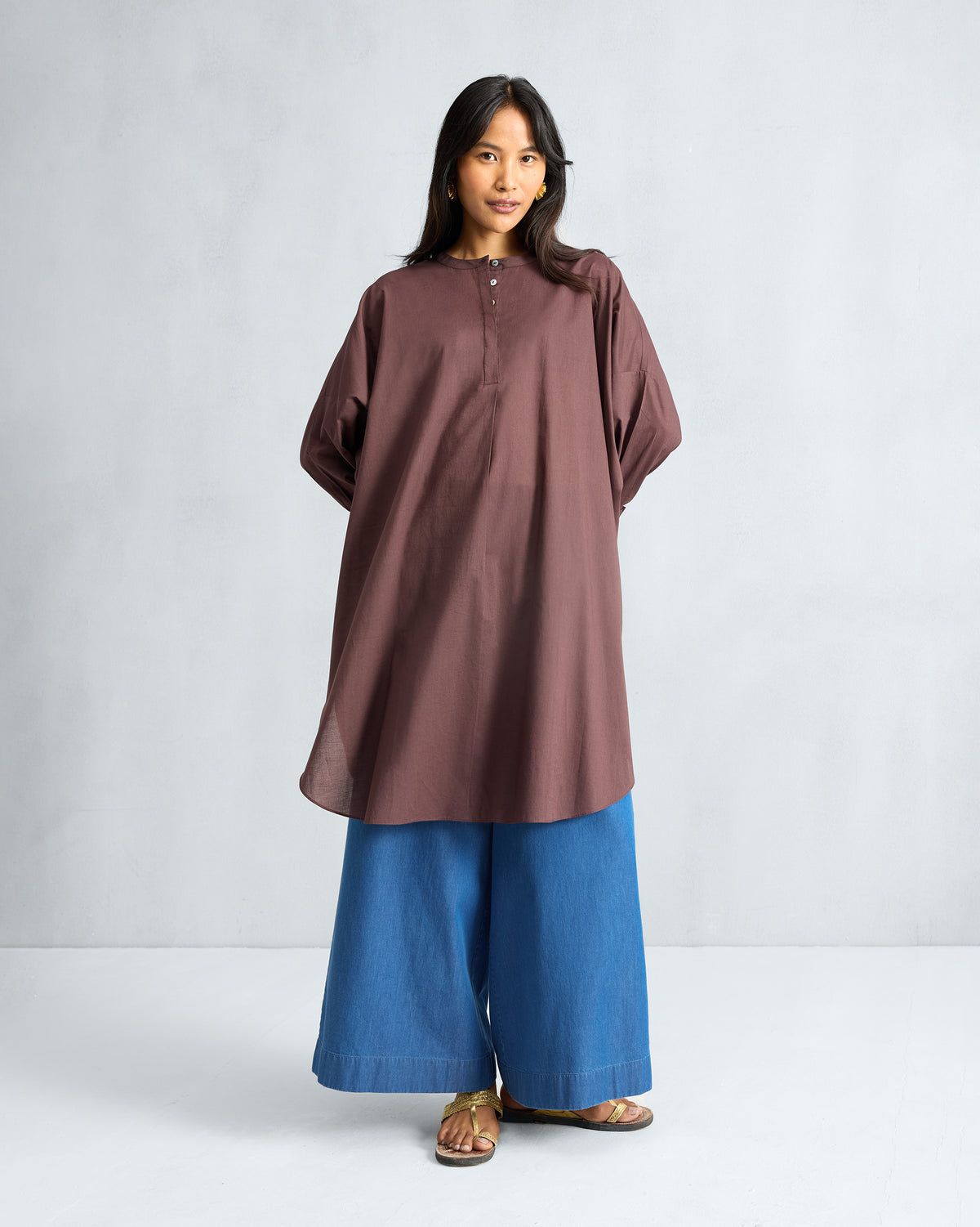 Chocolate plum Lazy Sunday tunic with a mandarin collar and buttoned placket.