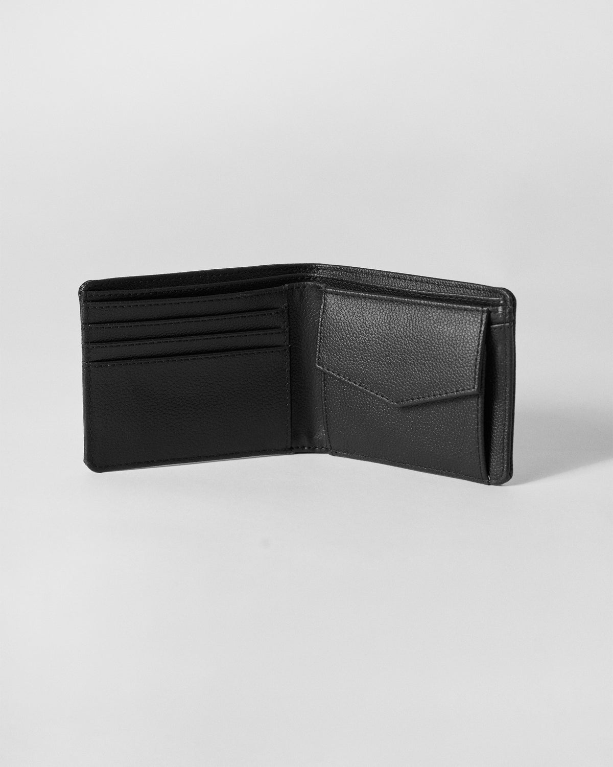 Open black Classic Bi-Fold Wallet showing card slots and coin pocket.