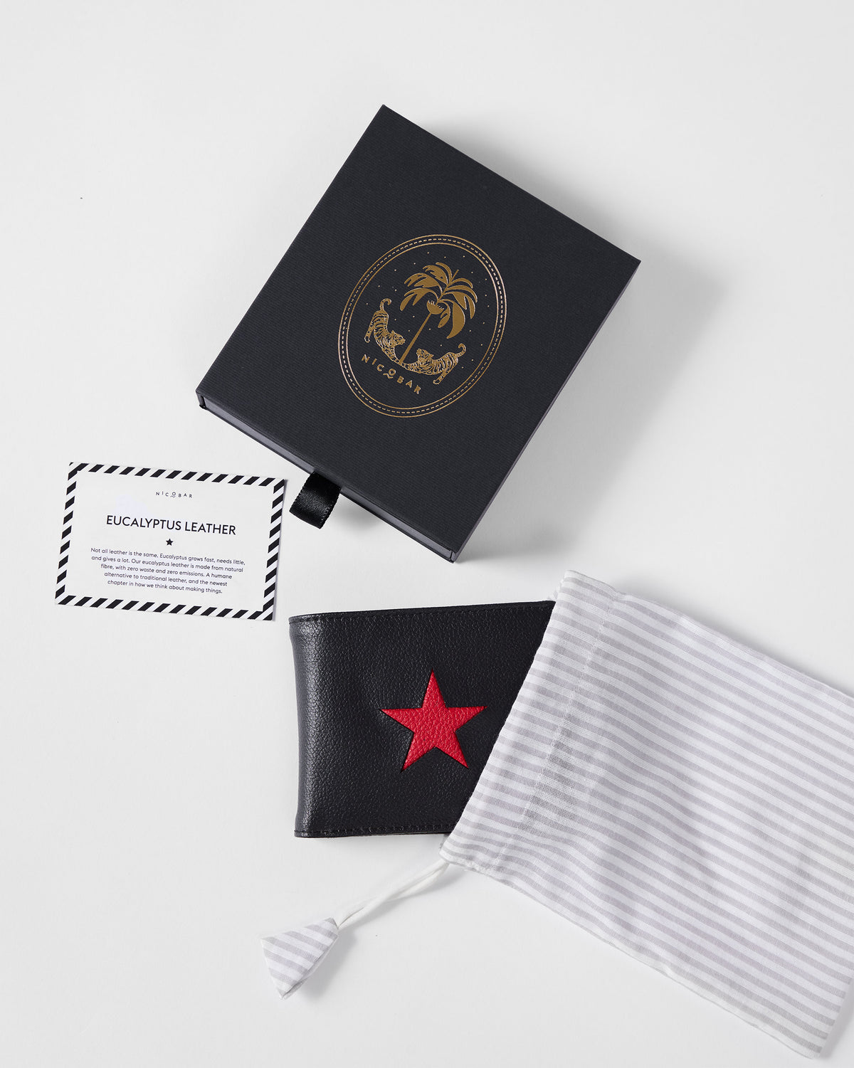 Black Classic Bi-Fold Wallet with red star beside its gift packaging.