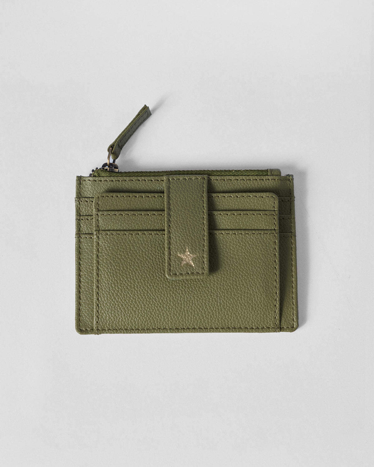 Green Everyday Star card holder with card slots, zip top, and a gold star.
