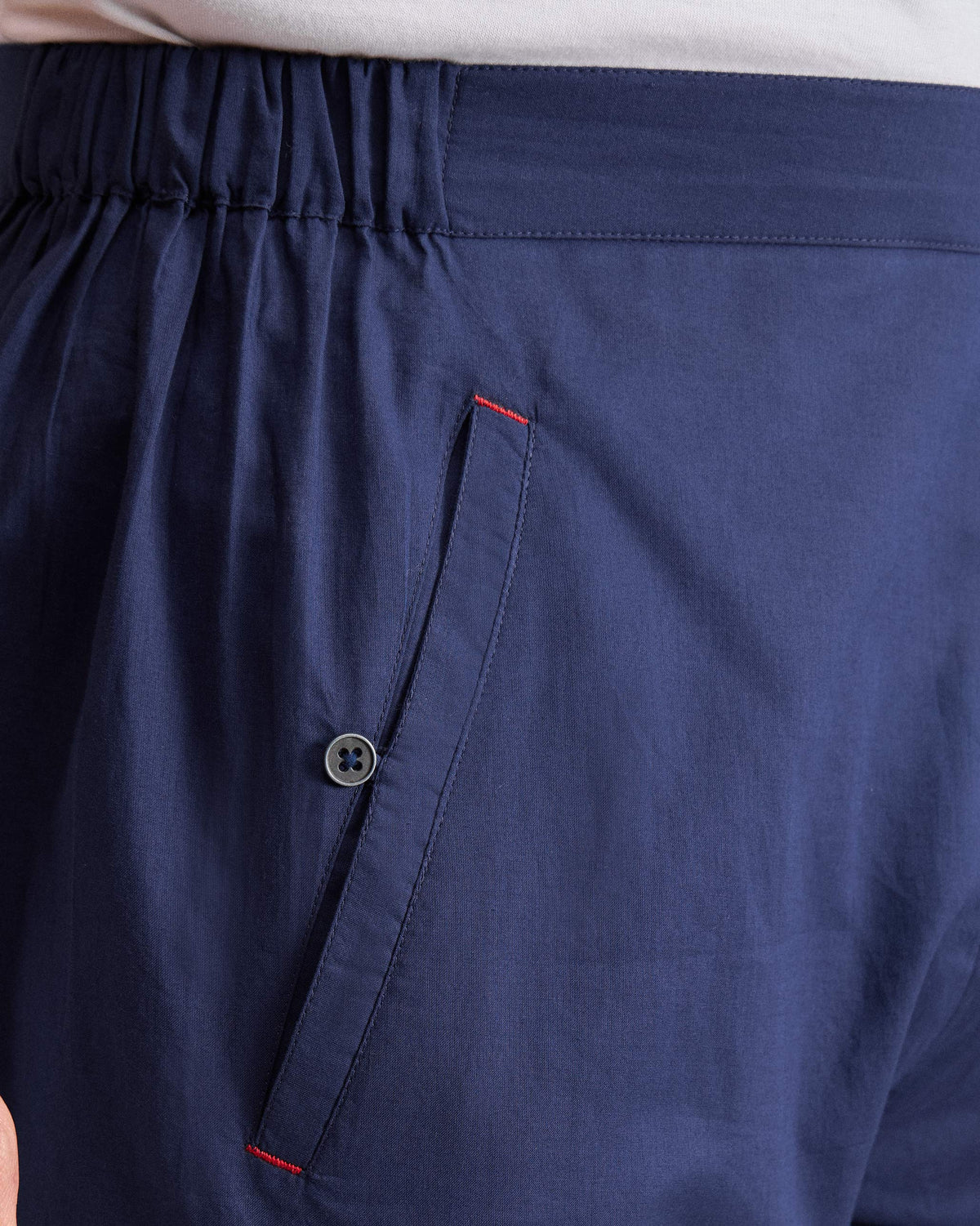 Close-up of ink blue Kurta Pants showing a buttoned pocket with red bar tacks.
